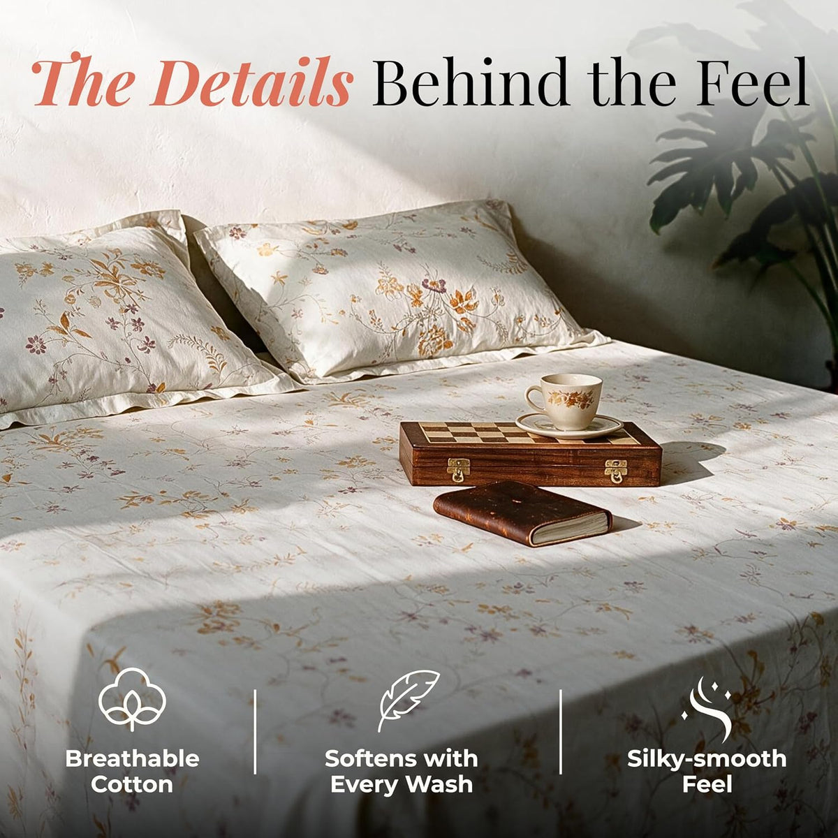 HOKIPO Floral 300TC Cotton Sateen Flat Bedsheet, King, Ochre & Lavender - image 3