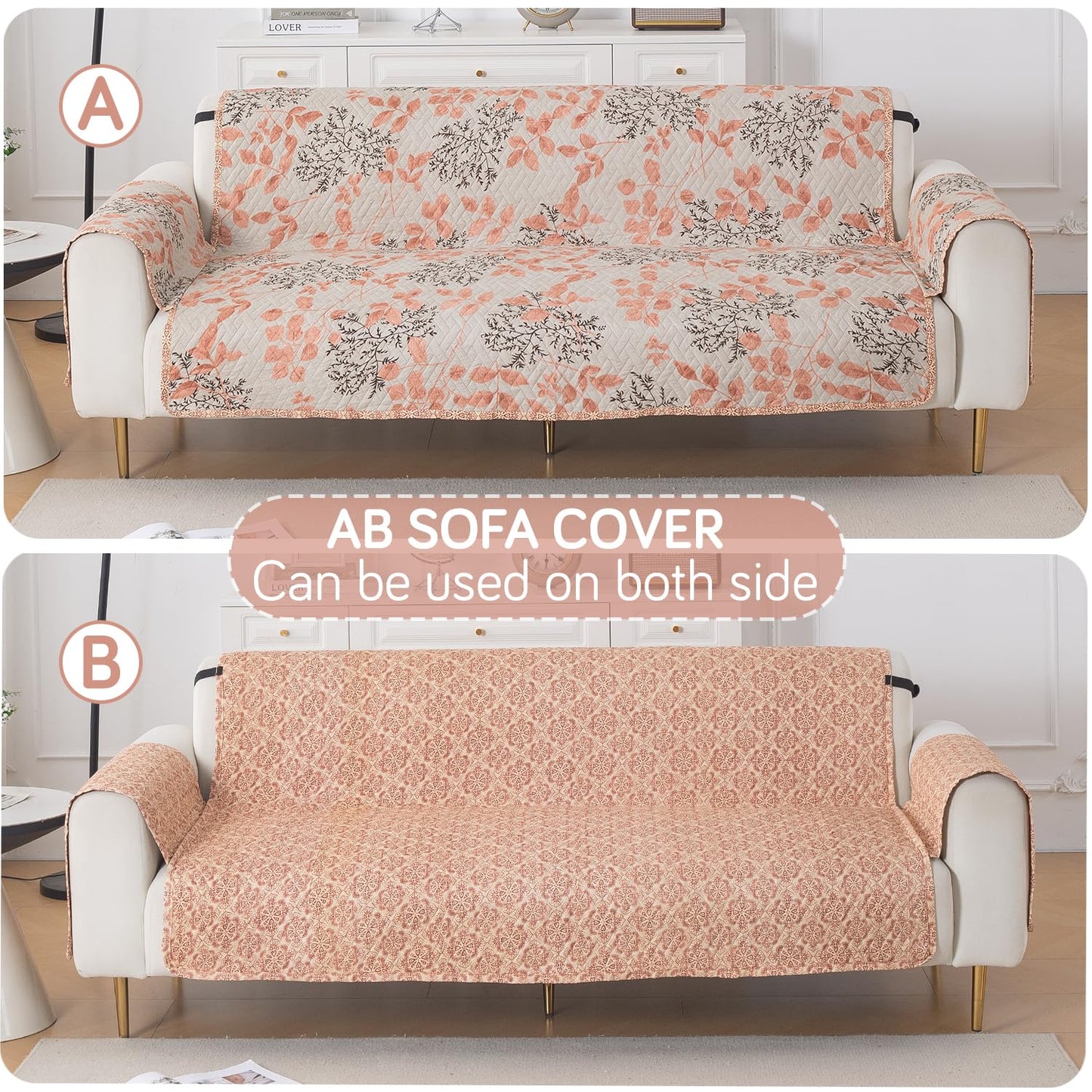 Easy Drape Reversible Quilted 5-Seater Sofa Cover (3+1+1), Peach Leaves