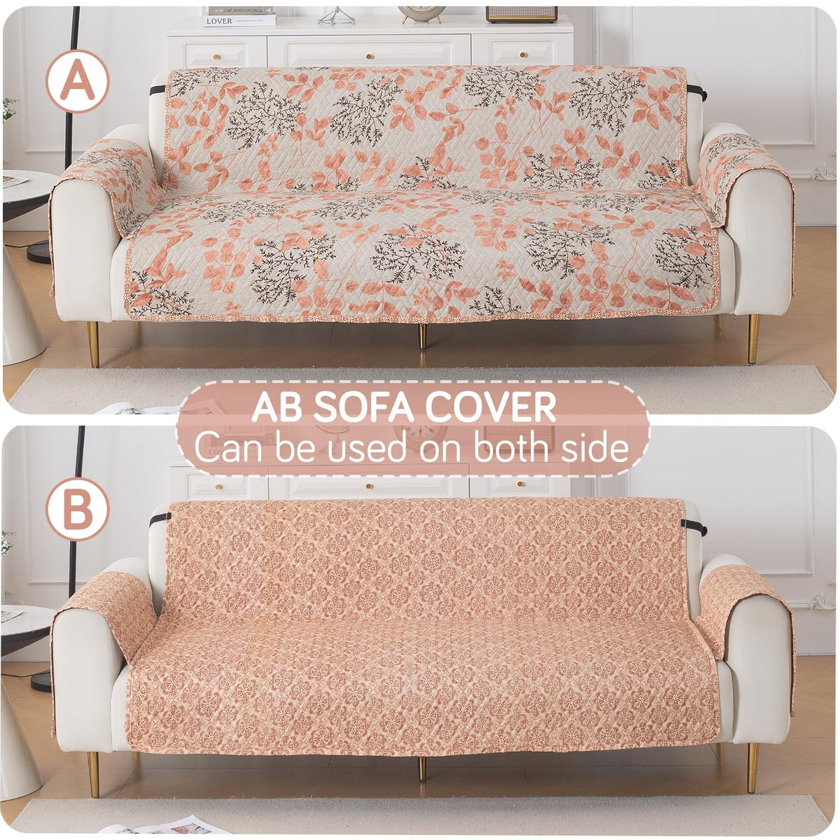 Easy Drape Reversible Quilted 5-Seater Sofa Cover (3+1+1), Peach Leaves