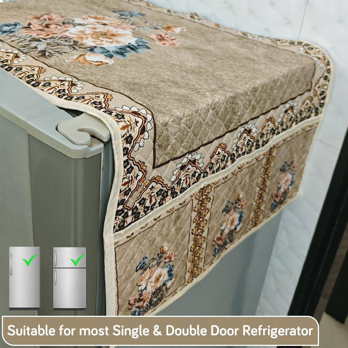 Eternal Floral Printed Quilted Fridge Top Cover with side Pockets - Whispering Roses