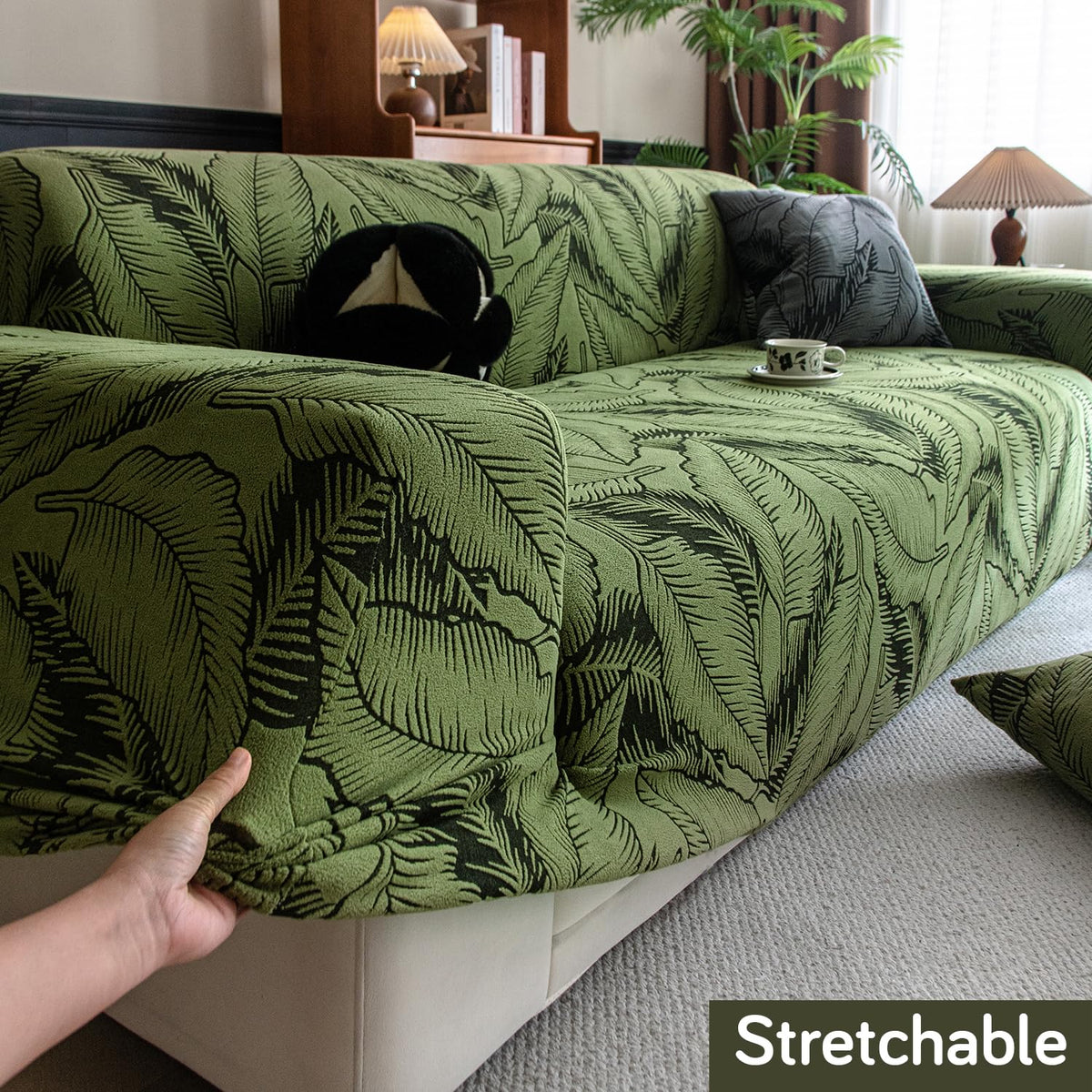 Buy olive green colour stretchable dual tone series knitting jacquard sofa cover​