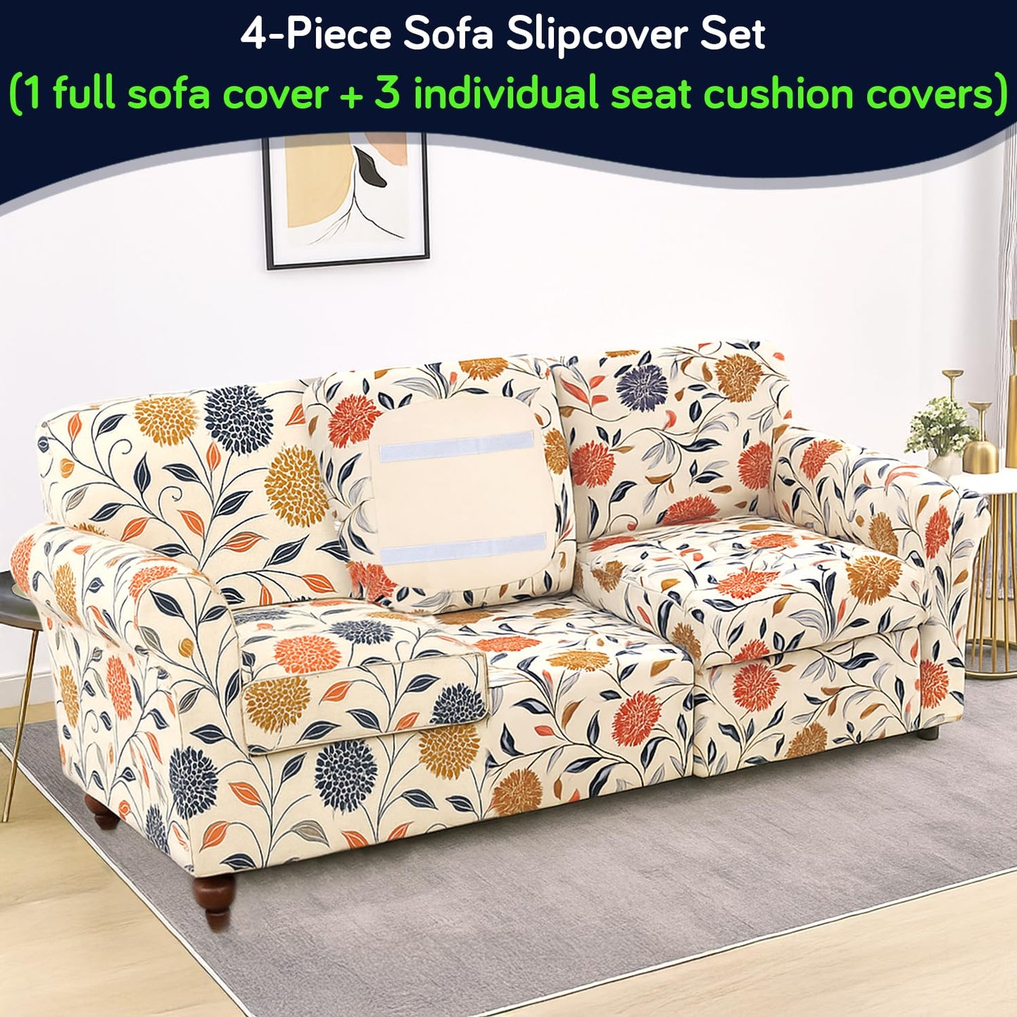 Printed Stretchable Sofa Slipcover with 1/2/3 Pc Separate Seat Cushion Cover for each 1/2/3 Seater, Sunset Botanical Bloom