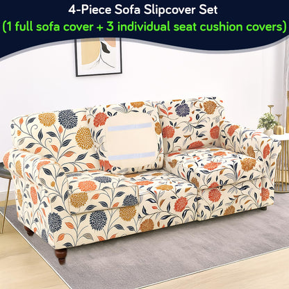 Printed Stretchable Sofa Slipcover with 1/2/3 Pc Separate Seat Cushion Cover for each 1/2/3 Seater, Sunset Botanical Bloom