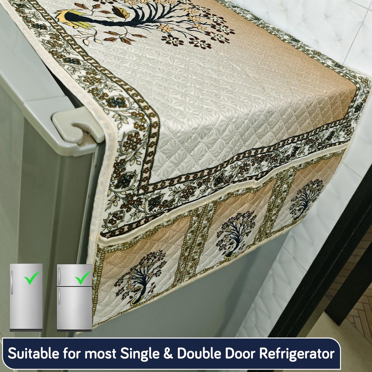 Eternal Floral Printed Quilted Fridge Top Cover with side Pockets - Ornate Tree