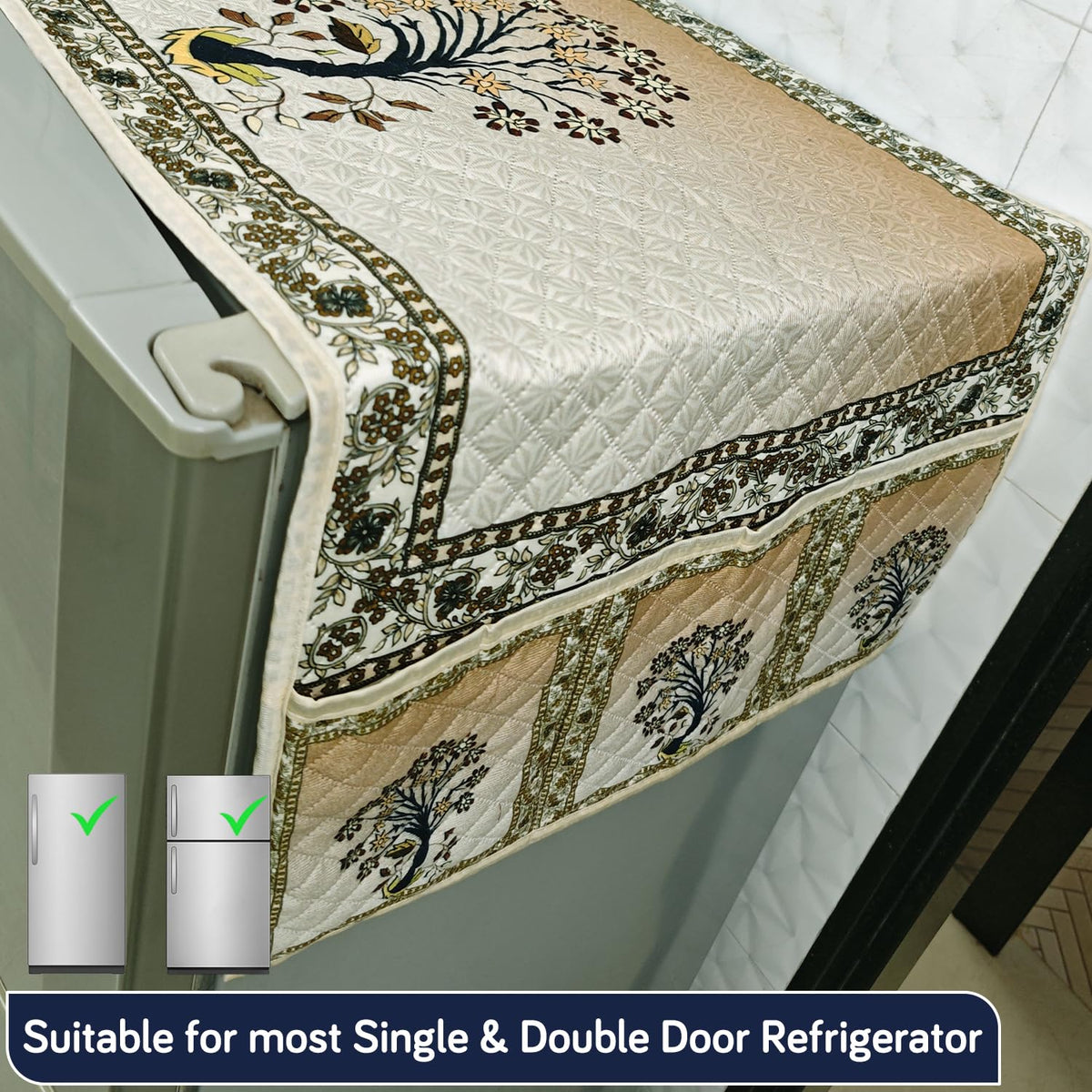 Eternal Floral Printed Quilted Fridge Top Cover with side Pockets - Ornate Tree