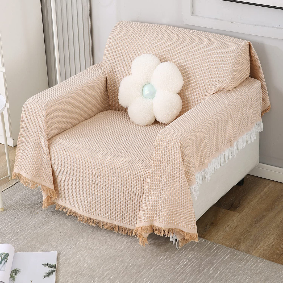 Elegant peach colour polycotton sofa throw of size 180(D)x180(L) for single seater sofa chair 
