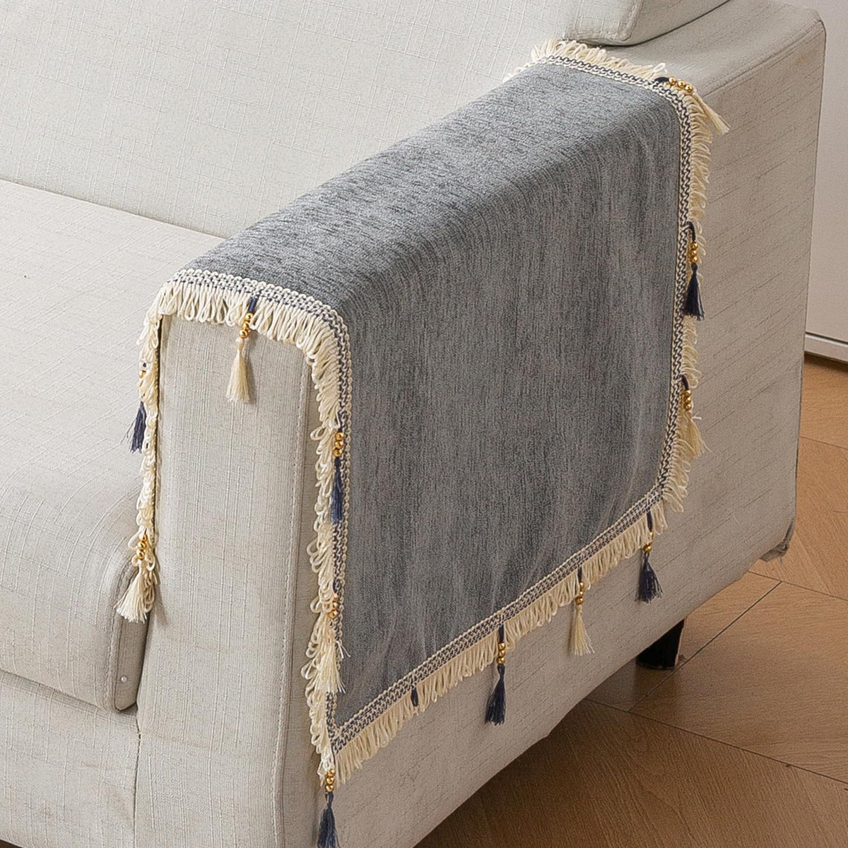 Serenity Tassel Chenille Sofa Cover with Tassel – Glacier Silver