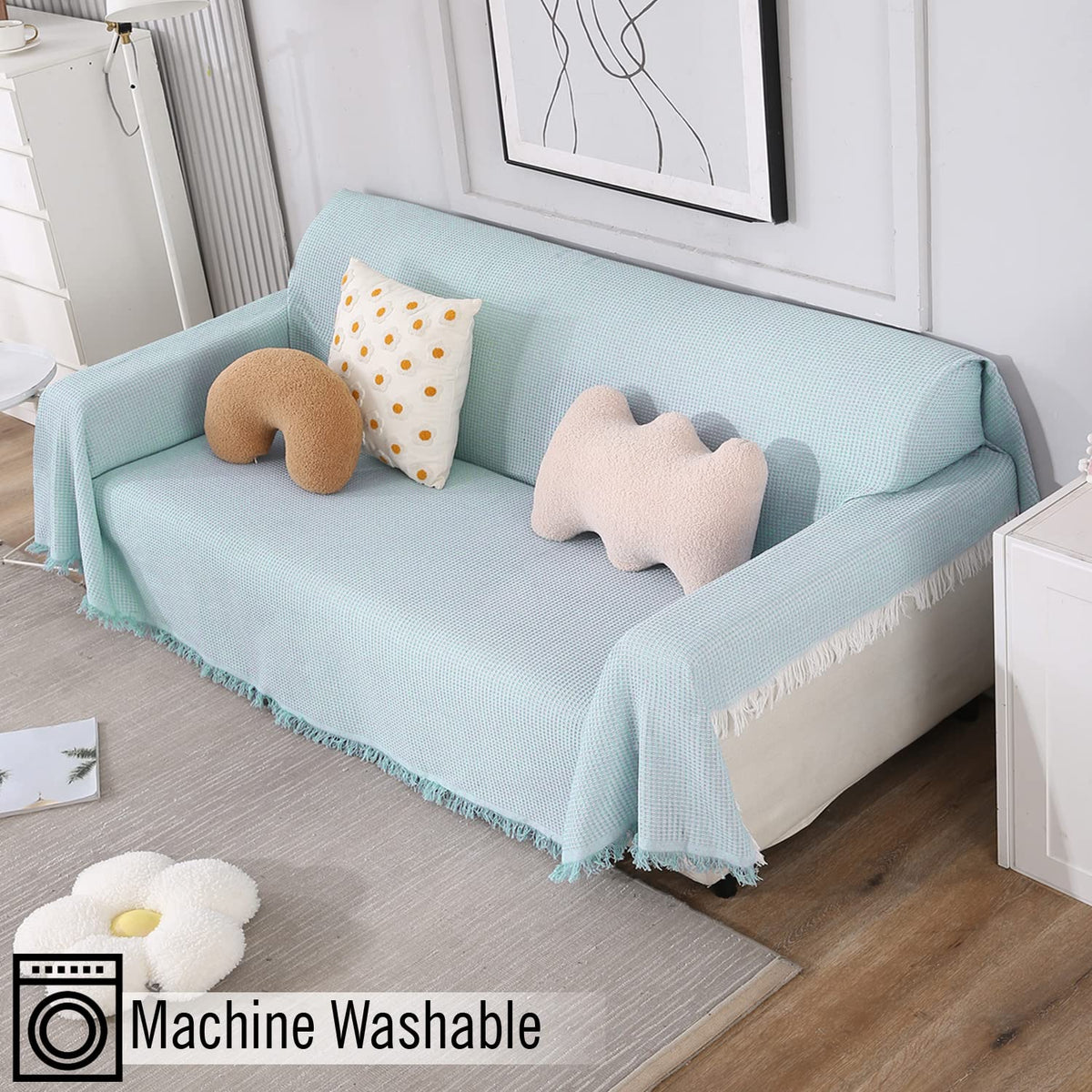 Blue colour polycotton 3 seater sofa throw of size 180(D)x300(L)
