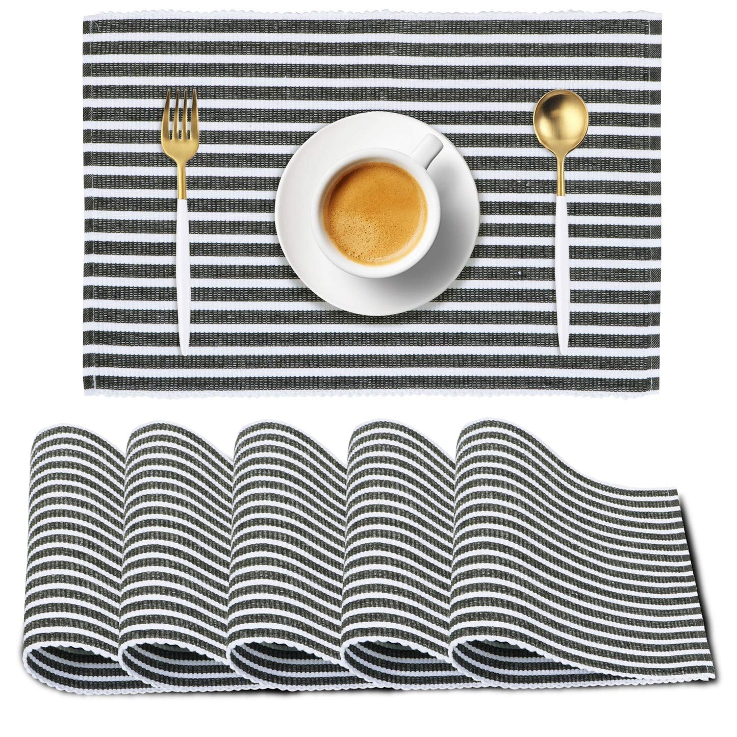 Ribbed Cotton Heat Resistant Dining Table Mat, Grey Striped