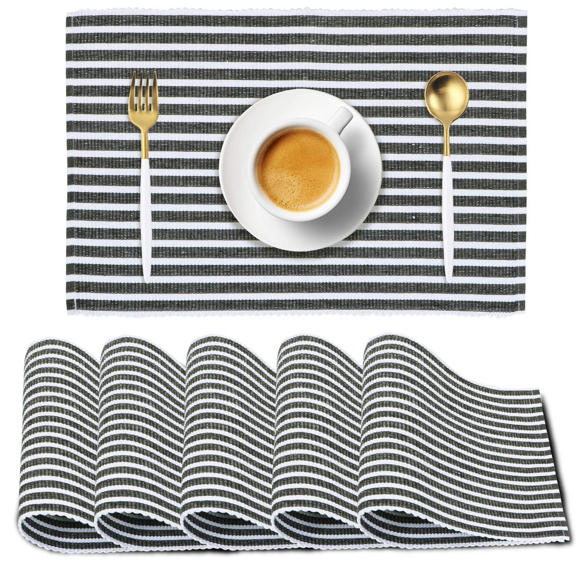 Ribbed Cotton Heat Resistant Dining Table Mat, Grey Striped