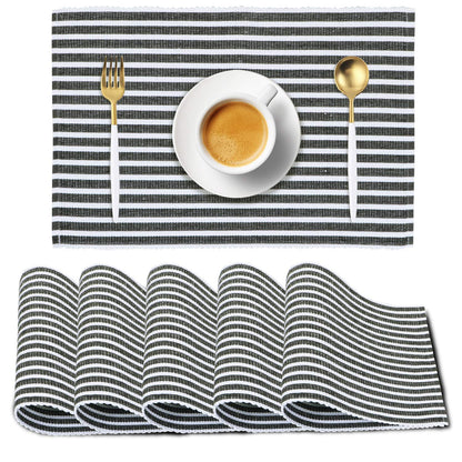 Ribbed Cotton Heat Resistant Dining Table Mat, Grey Striped