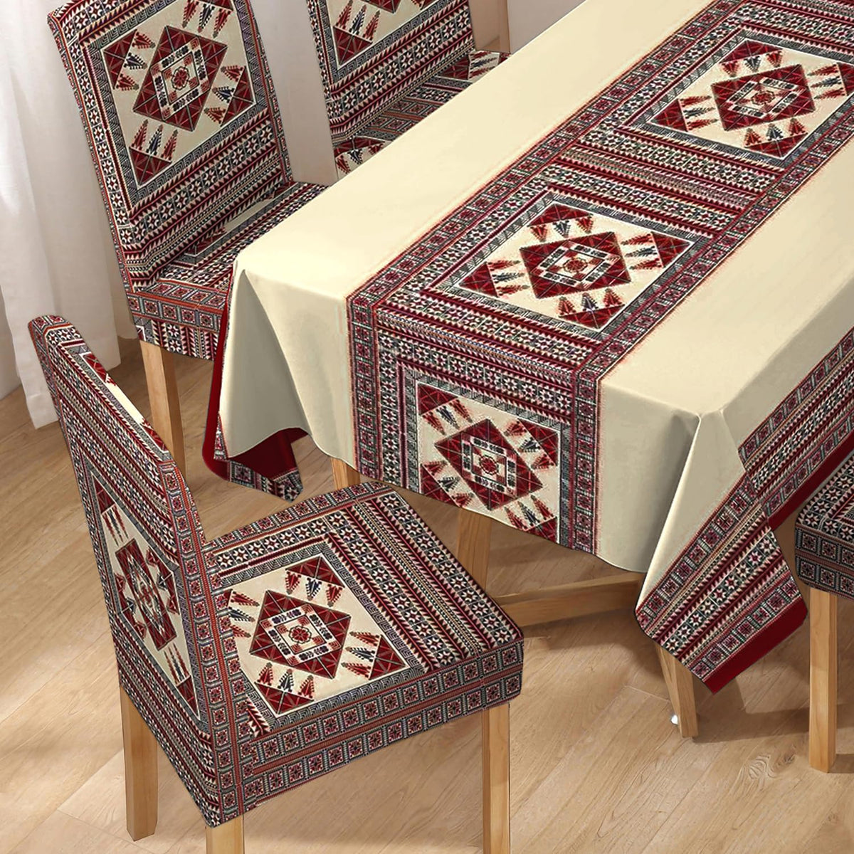 Polyester Dining Chair Covers Set of 4/6 with Matching Tablecloth, Tribal Maroon