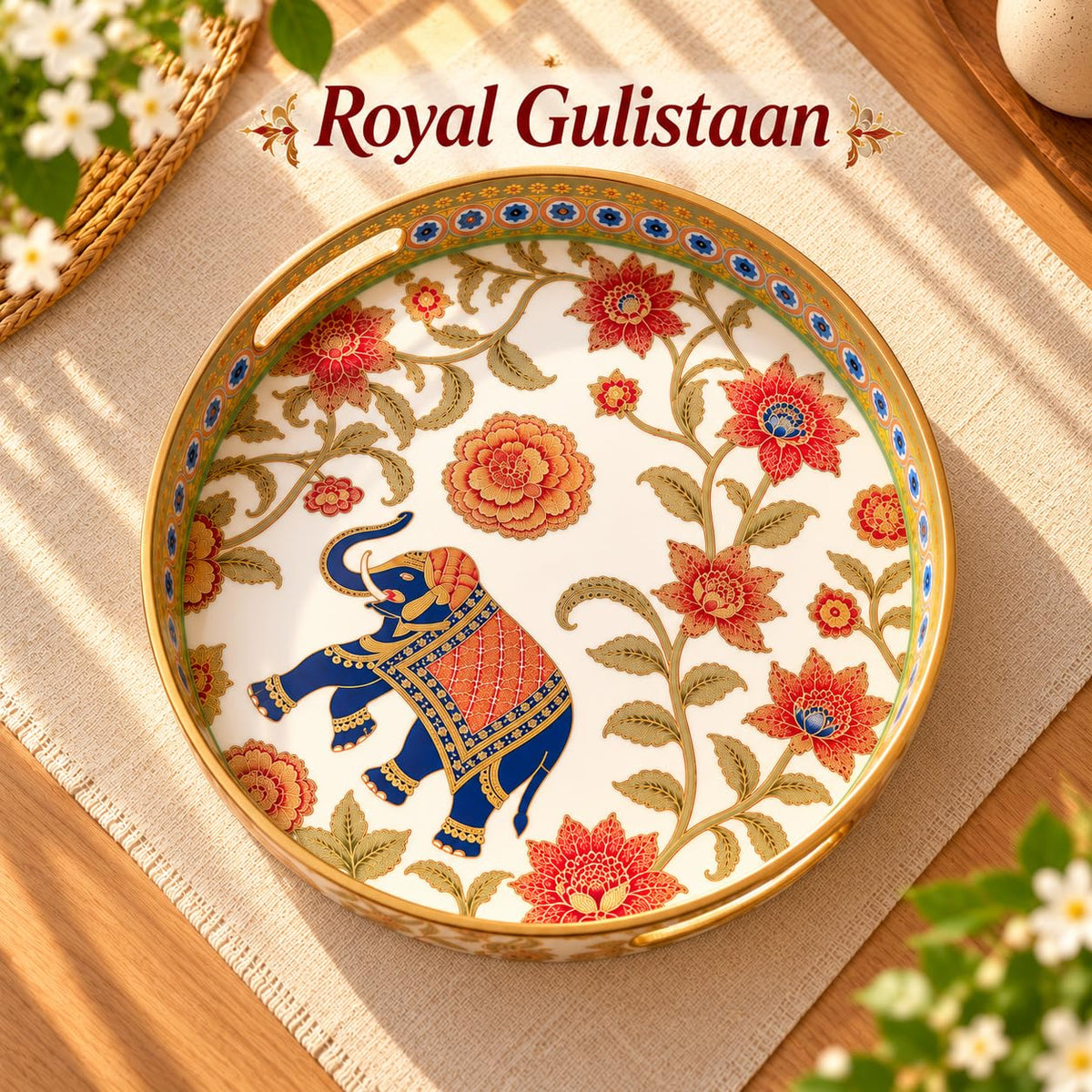 HOKIPO Round Serving Tray 12 in, Engineered Wood, Royal Gulistaan - image 2