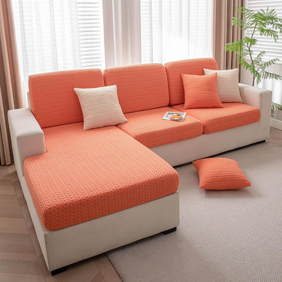 Luxurious Orange Colour Grid Jacquard Sofa Pillow Cover