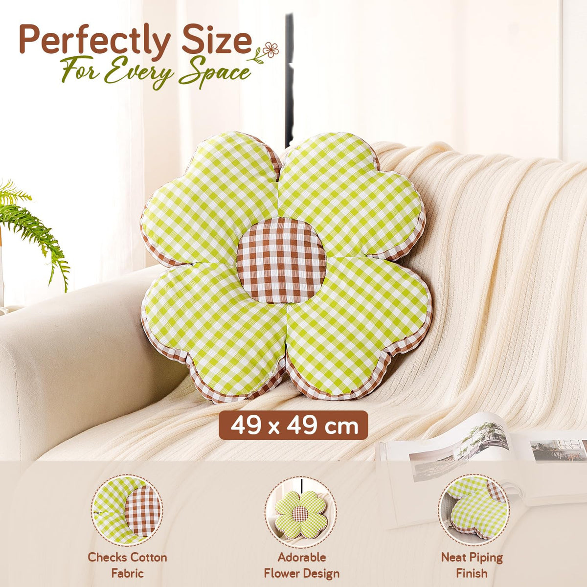 HOKIPO Checkered Daisy Flower Cushion for Sofa & Bed, 49 cm, Green