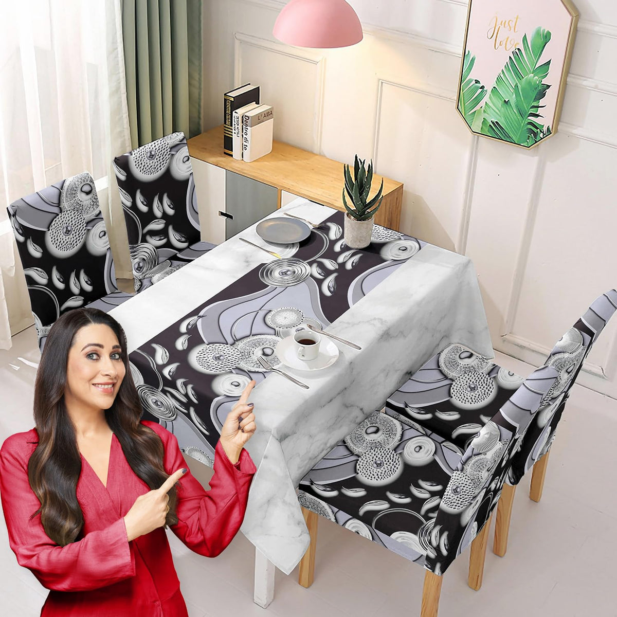 Black Printed Dining Set Cover | 4/6 Seater