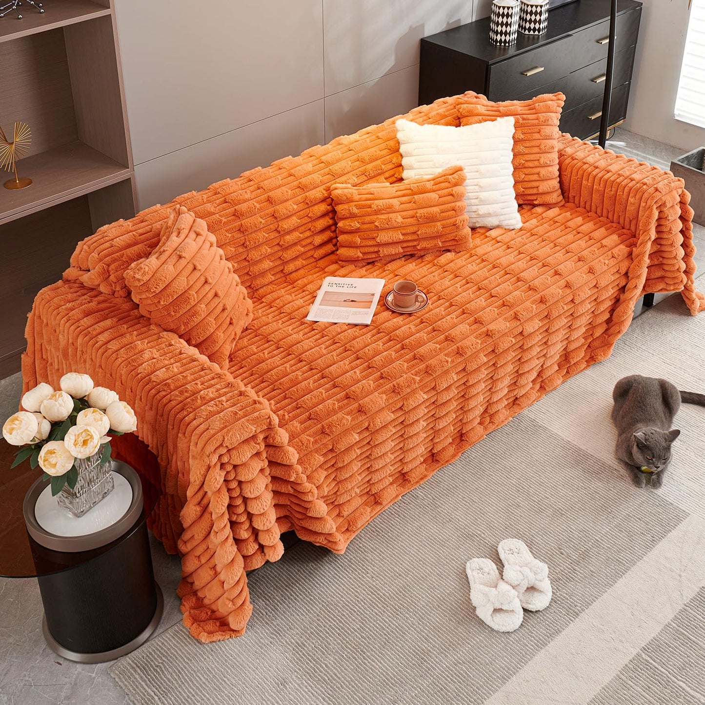 Luxury Waxy Faux Rabbit Fluffy Plush Sofa Throw, Amber Gold