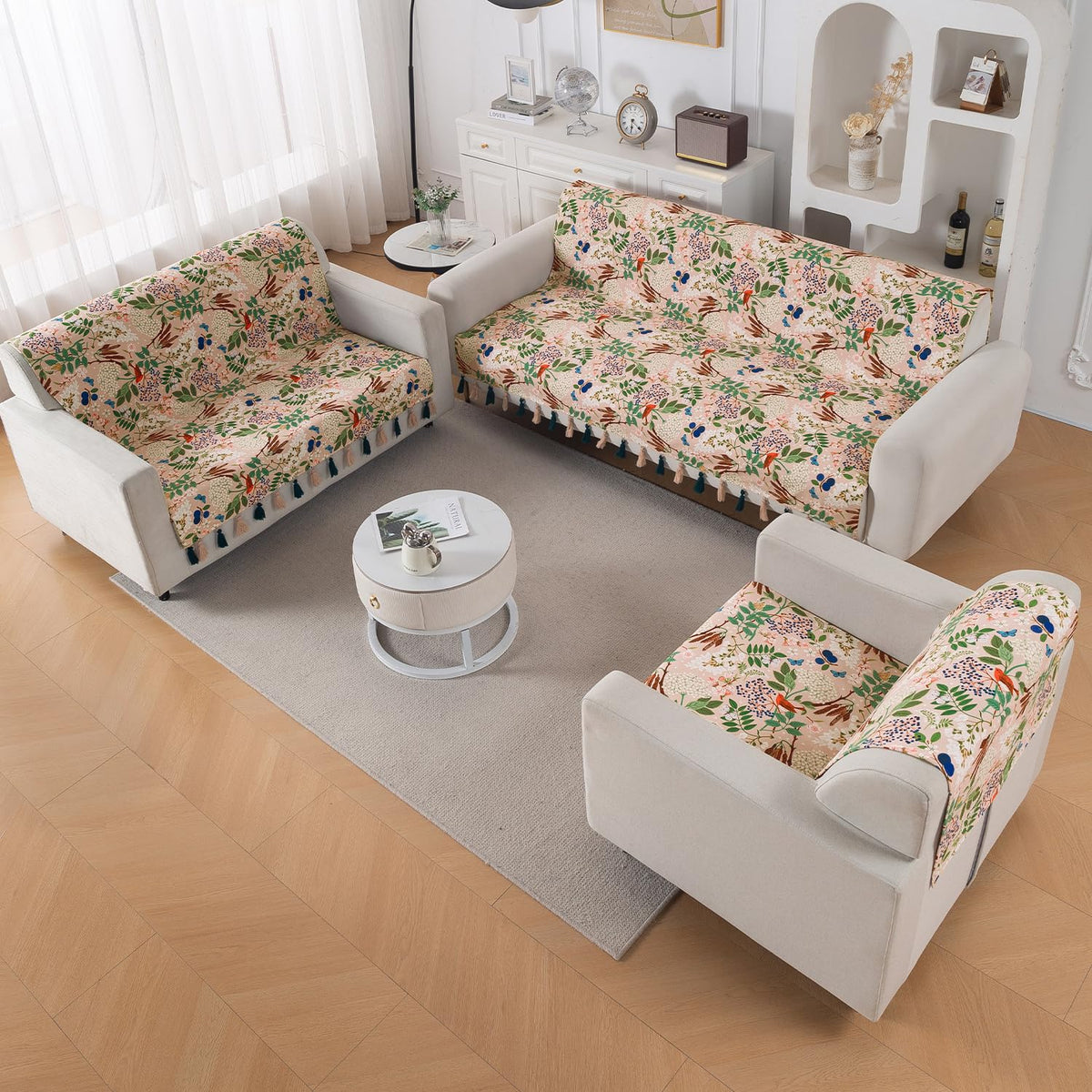 'Whispers of Nature' Series Holland Velvet Sofa Cover with Tassel, Beige Woodland Bloom
