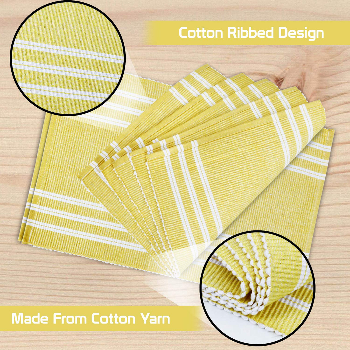 Ribbed Cotton Heat Resistant Dining Table Mat, Yellow Striped