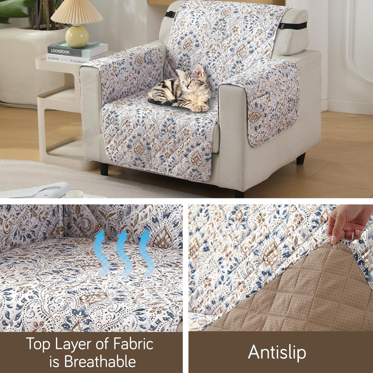 Damask White print 1 seater quilted waterproof sofa cover | Hokipo