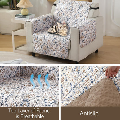 Quilted Waterproof Sofa Cover Mat with Pockets on Armrest Cover -Damask White
