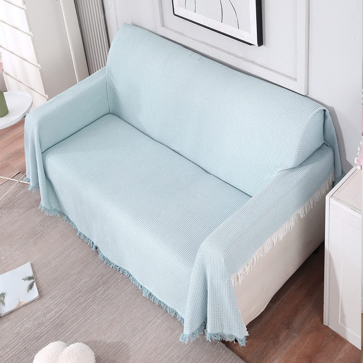 Blue colour polycotton sofa throw in size 180(D)x180(L) for one seater, 180(D)x230(L) for two seater, 180(D)x300(L) for 3 seater
