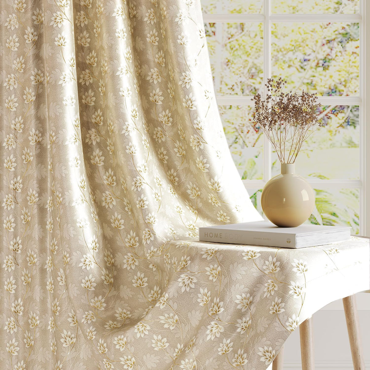 HOKIPO Vogue Shine Eyelet Curtains, 7 Feet Long - Champagne Beige
