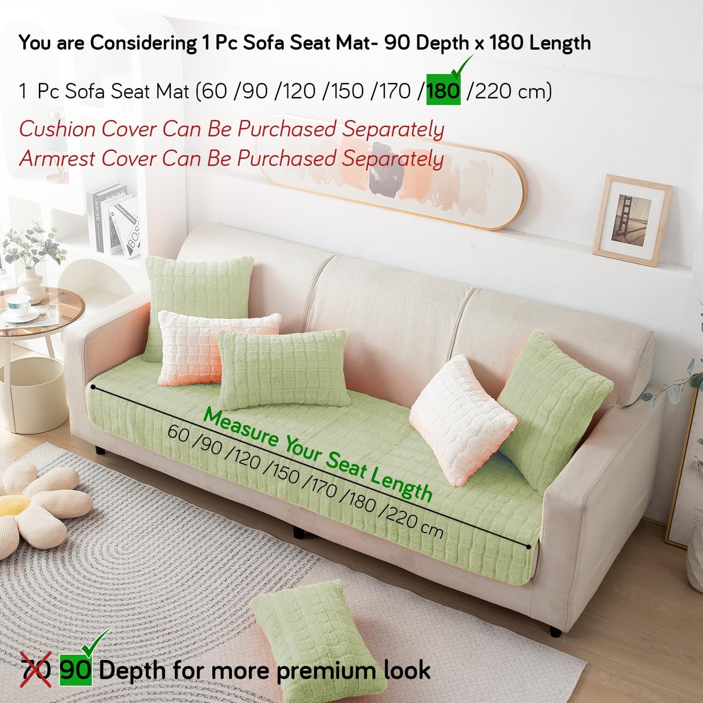 Premium Plush Anti Slip Sofa Cover Mat, Pastel Green