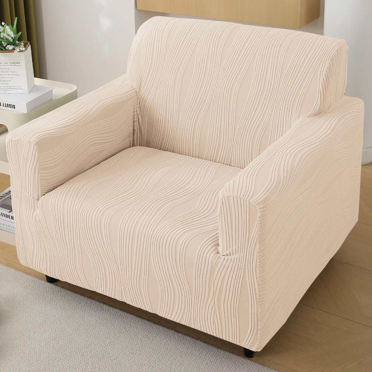Buy skimmed cream colour nestiva series knitting jacquard 1 seater sofa cover​ | HOKIPO