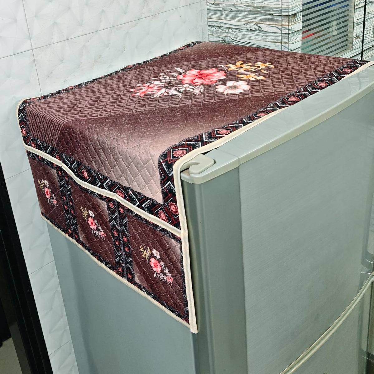 Eternal Floral Printed Quilted Fridge Top Cover with side Pockets - Maroon Blush