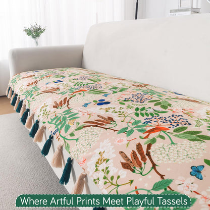 'Whispers of Nature' Series Holland Velvet Sofa Seat Mat with Tassel, Beige Woodland Bloom