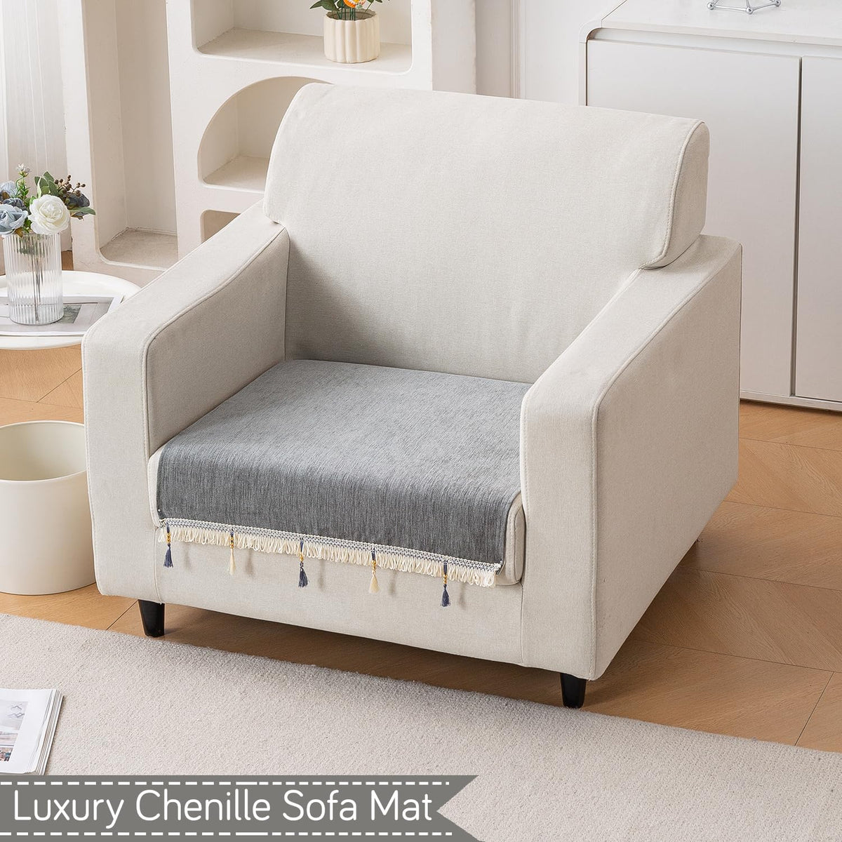 Serenity Tassel Chenille Sofa Cover with Tassel – Glacier Silver