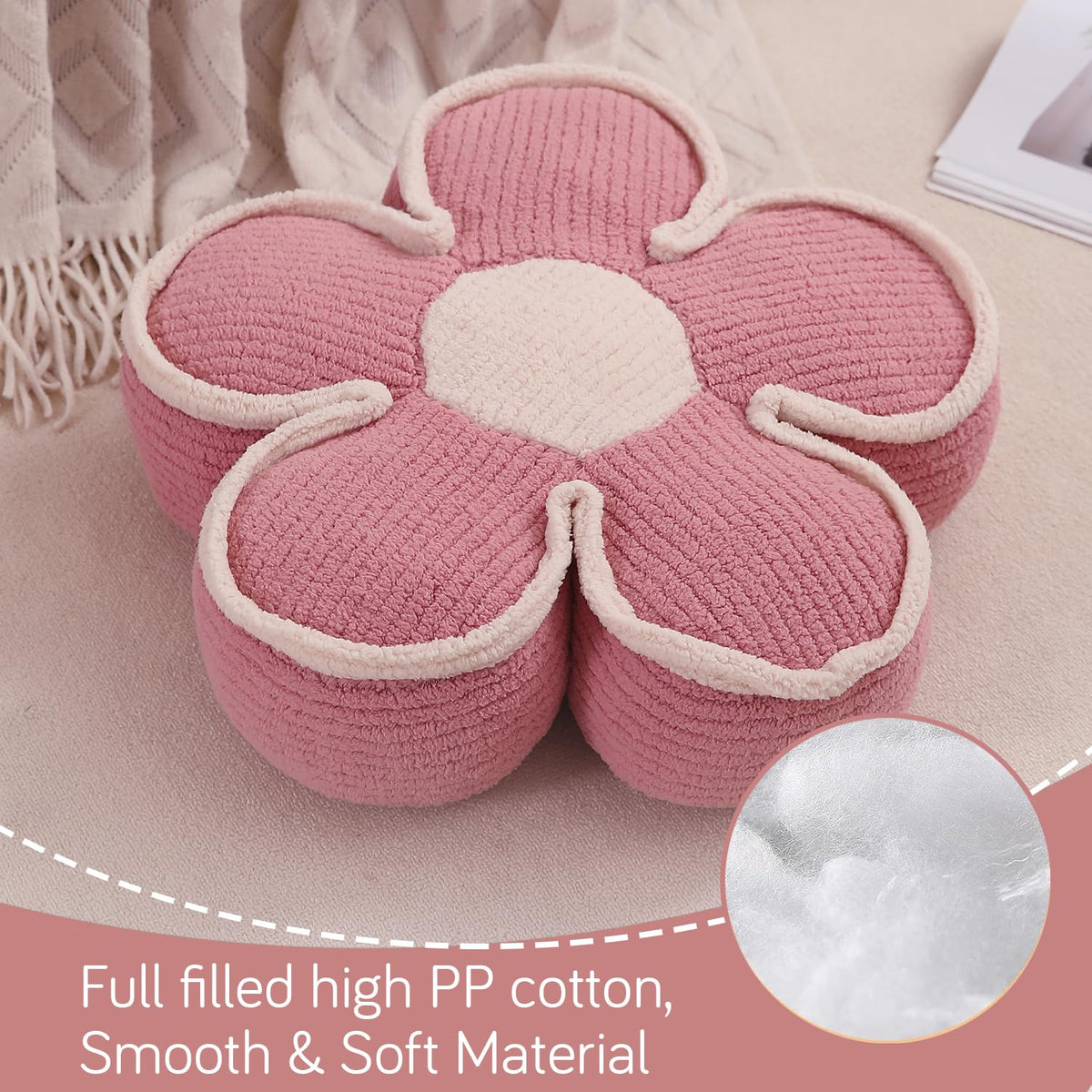 HOKIPO Plush Cotton Flower Cushion | Decorative Throw Pillow for Bed & Sofa - Baby Pink