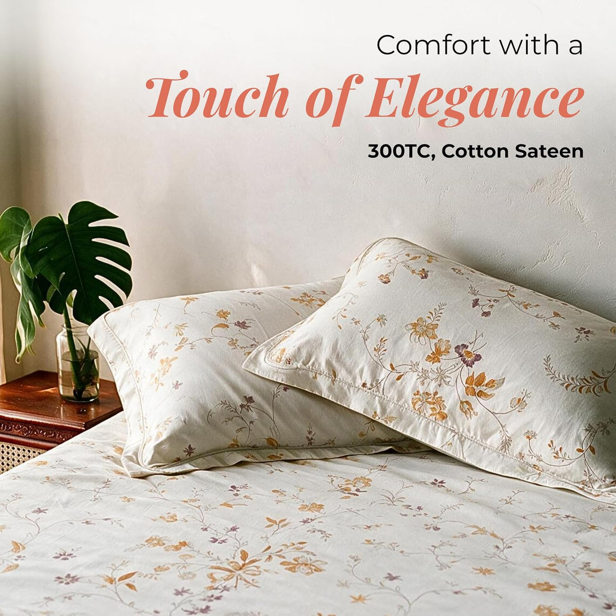 HOKIPO Floral 300TC Cotton Sateen Flat Bedsheet, King, Ochre & Lavender - image 2