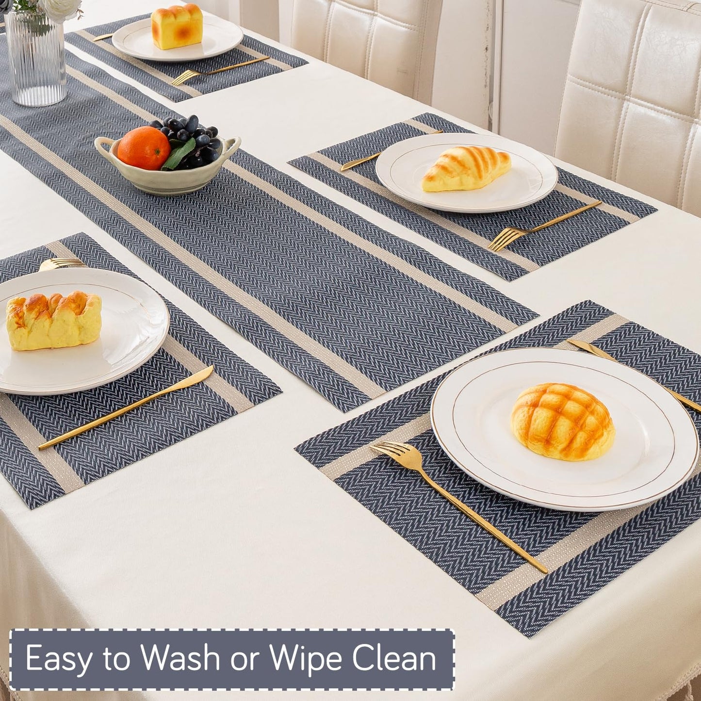 Chevron Stripes PVC Mats for Dining Table - Charcoal Blue