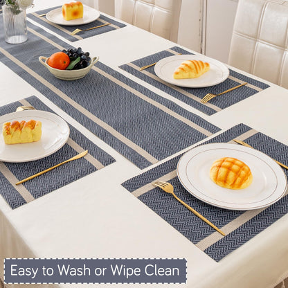 Chevron Stripes PVC Mats for Dining Table - Charcoal Blue