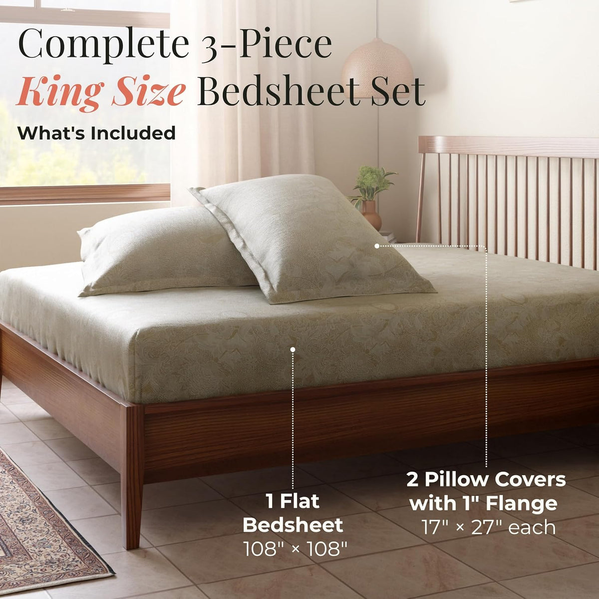 HOKIPO King Size Cotton Bedsheet, 2 Pillow Covers, Floral, Beige & Ivory - image 6