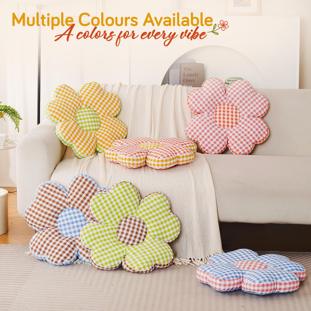 HOKIPO Checkered Daisy Flower Cushion for Sofa & Bed, 49 cm, Red