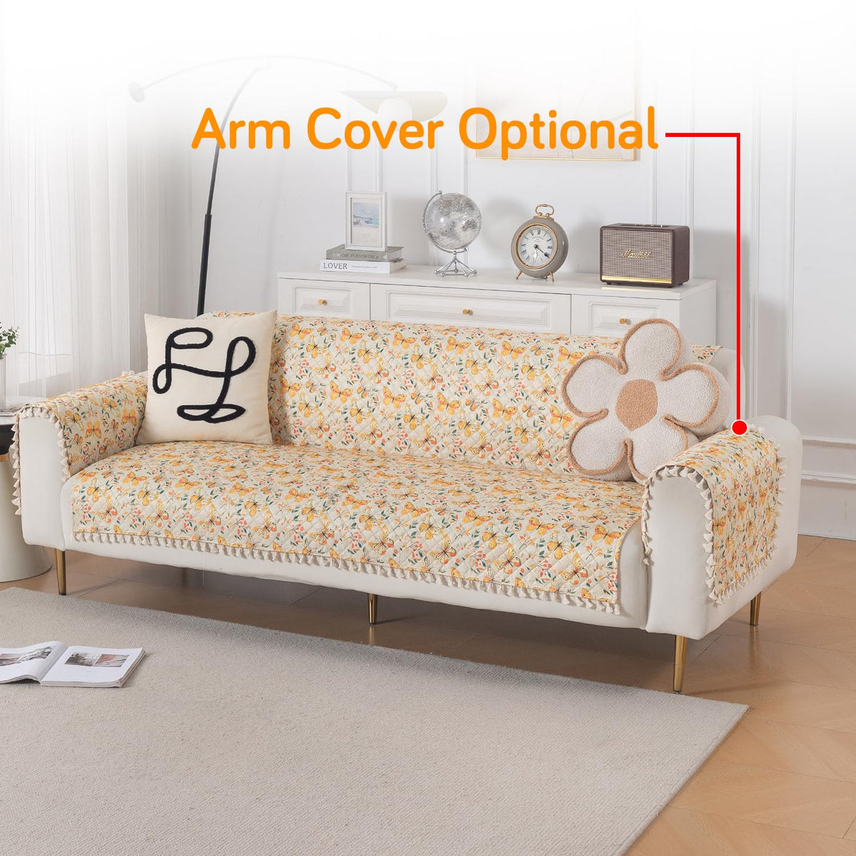 Quilted Sofa Cover 5-Seater Sofa Cover (3+1+1), Tassel Twigs | Sunlit Butterfly