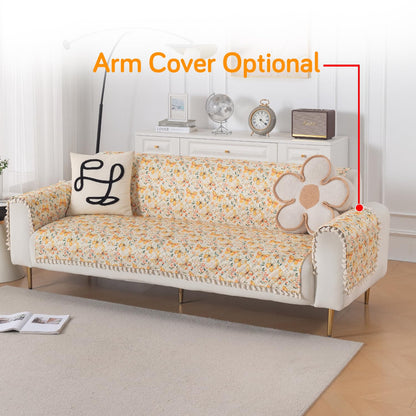 Quilted Sofa Cover 5-Seater Sofa Cover (3+1+1), Tassel Twigs | Sunlit Butterfly