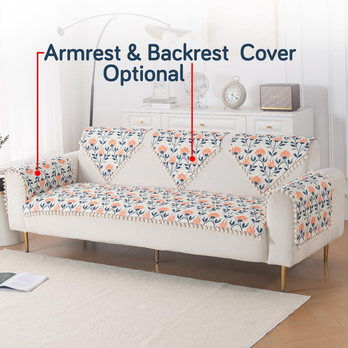 Quilted Sofa Seat Mat for 5-Seater Sofa (3+1+1), Tassel Twigs | Folk Garden