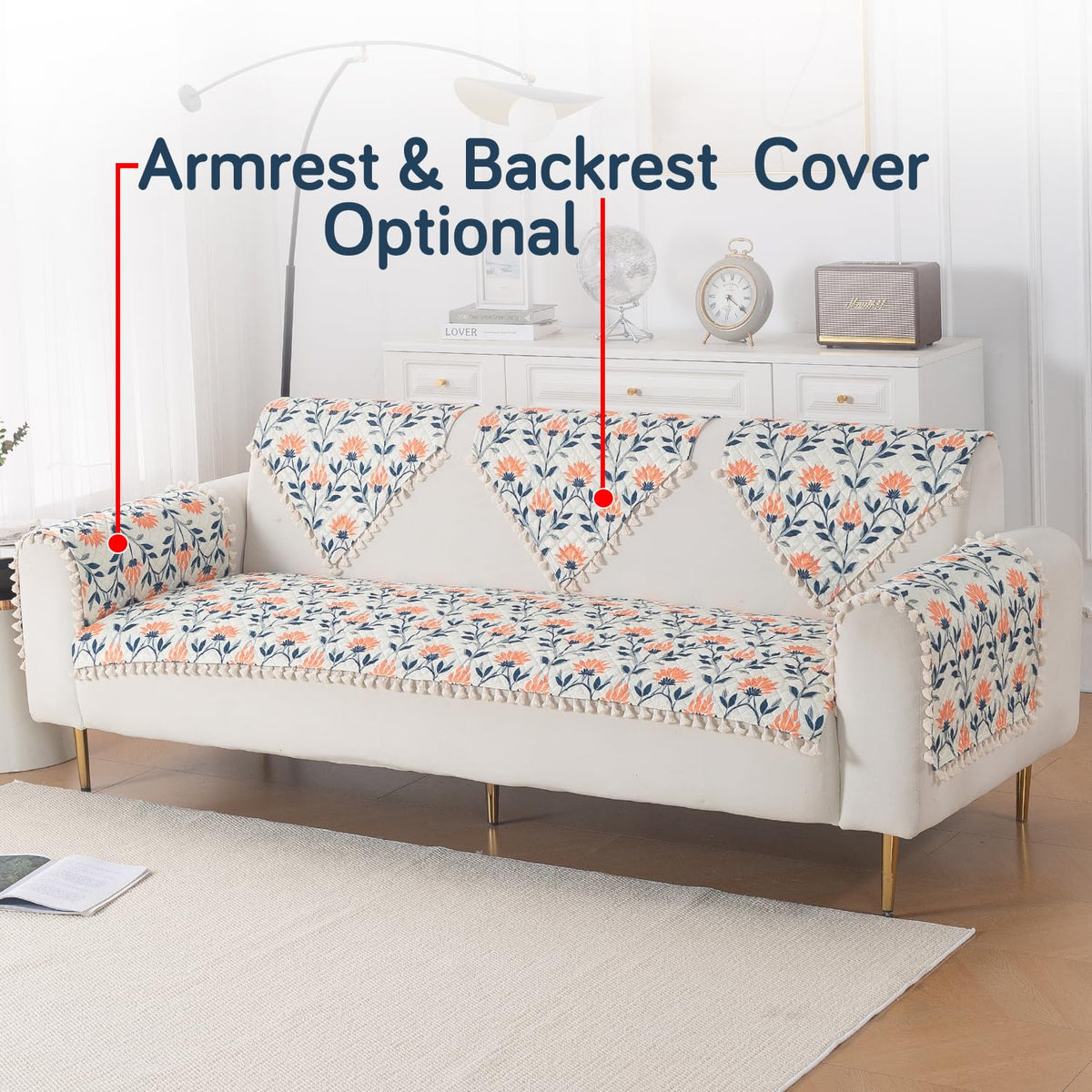 Quilted Sofa Seat Mat for 5-Seater Sofa (3+1+1), Tassel Twigs | Folk Garden