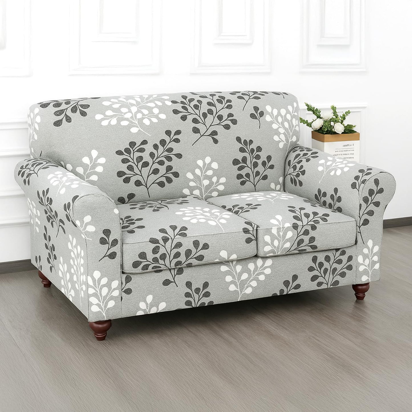 Printed Stretchable Sofa Slipcover with 1/2/3 Pc Separate Seat Cushion Cover for each 1/2/3 Seater, Grey Misty Branches
