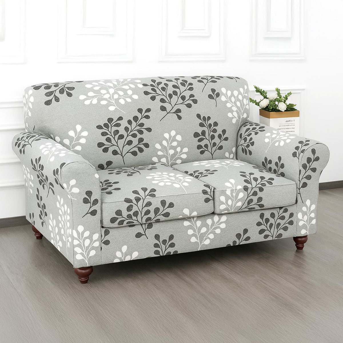 Printed Stretchable Sofa Slipcover with 1/2/3 Pc Separate Seat Cushion Cover for each 1/2/3 Seater, Grey Misty Branches