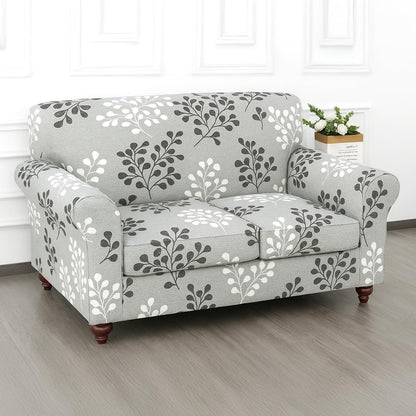Printed Stretchable Sofa Slipcover with 1/2/3 Pc Separate Seat Cushion Cover for each 1/2/3 Seater, Grey Misty Branches
