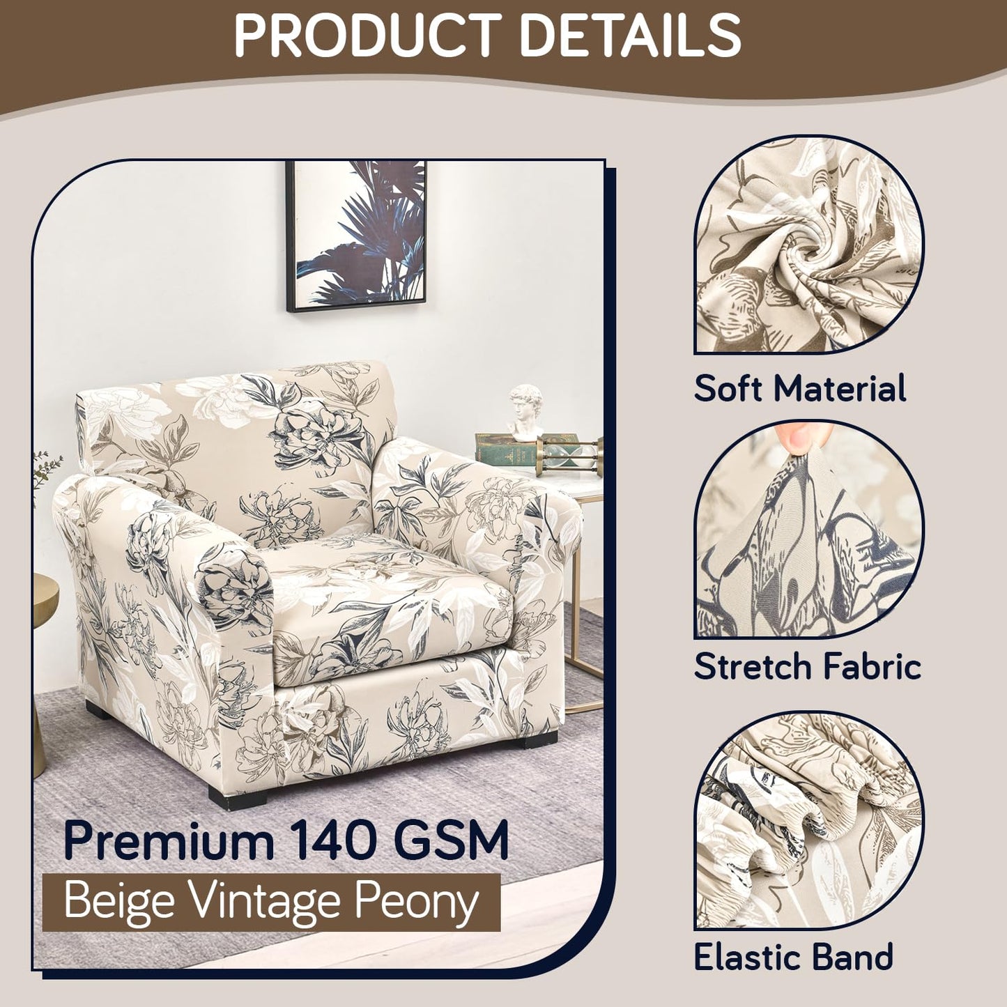 Printed Stretchable Sofa Slipcover with 1/2/3 Pc Separate Seat Cushion Cover for each 1/2/3 Seater, Beige Vintage Peony
