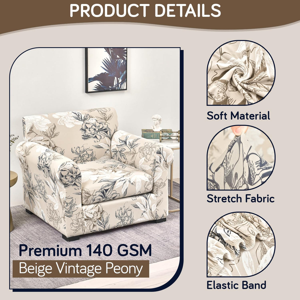 Printed Stretchable Sofa Slipcover with 1/2/3 Pc Separate Seat Cushion Cover for each 1/2/3 Seater, Beige Vintage Peony