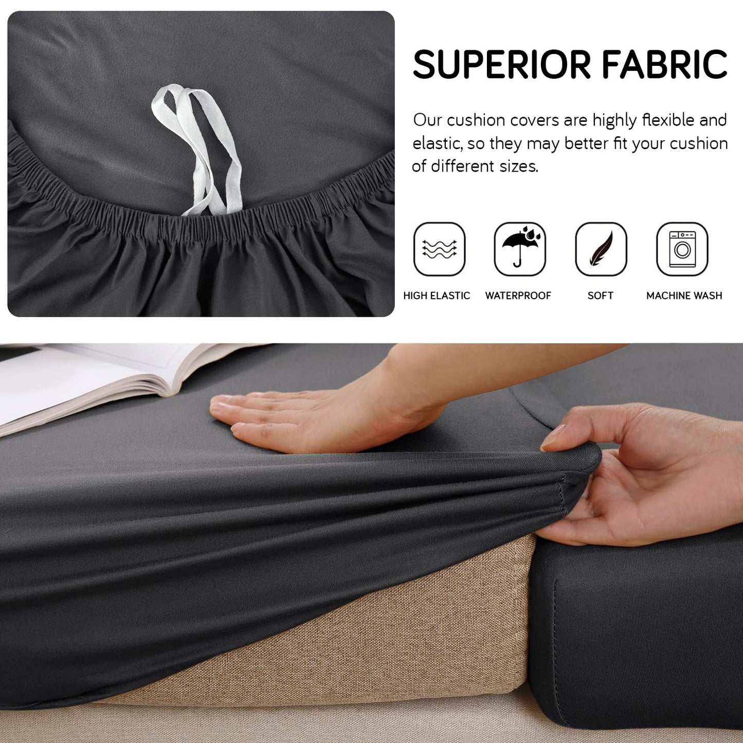 100% Waterproof Stretchable Seat Couch Cushion Cover for 1/2/3 Seater, Dark Grey