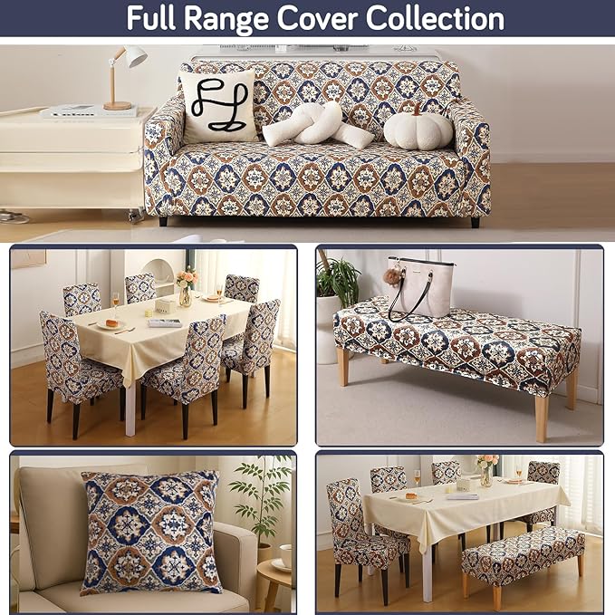 Premium Velvet Cover Set for 4 Dining Chairs + 1 Dining Bench, Indigo Moroccan Charm