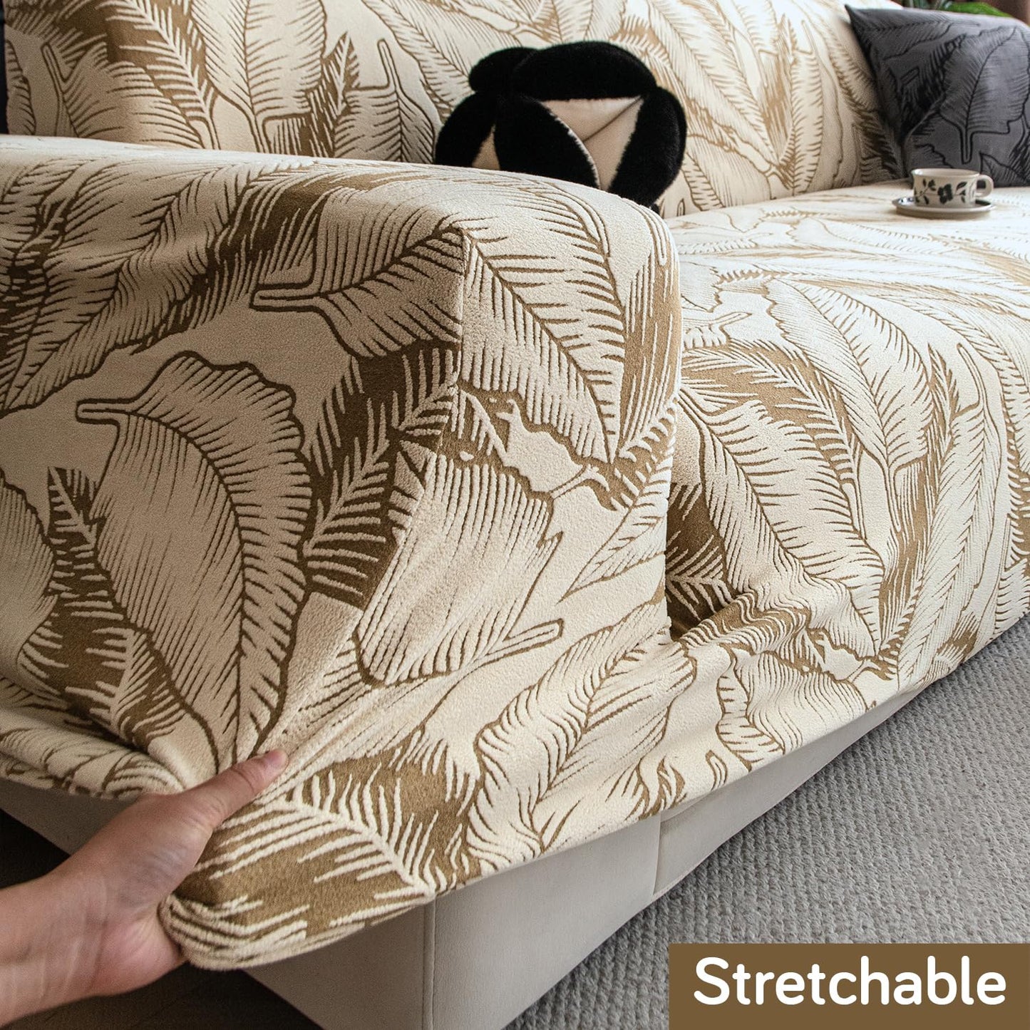 Dual Tone Knitting Jacquard Sofa Cover 1/2/3 Seater Fully Covered - Beige